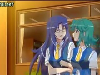 Anime lesbiennes geniet dubbele dildo's